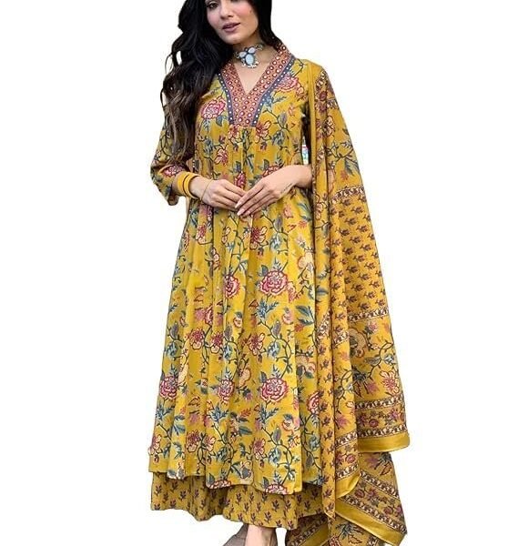 Women's Cotton Blend Anarkali Printed Kurta with Palazzo & Dupatta