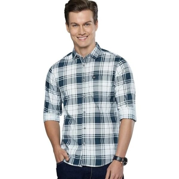 The Indian Garage Co Men's Cotton Slim Fit Checkered Full Sleeves Cutaway Collar Casual Shirt
