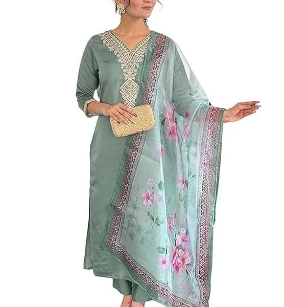 Naixa Women's Rayon Embroidered Straight Kurta with Pant and Dupatta Sets