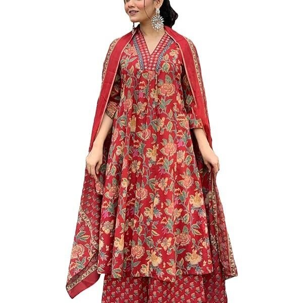 GoSriKi Women's Rayon Viscose Anarkali Printed Kurta with Palazzo & Dupatta